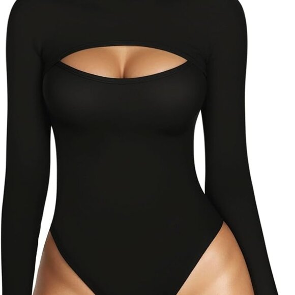 MANGOPOP Mock Neck Cutout Front Top Long Sleeve Short Sleeve Bodysuits for Women - Picture 1 of 2